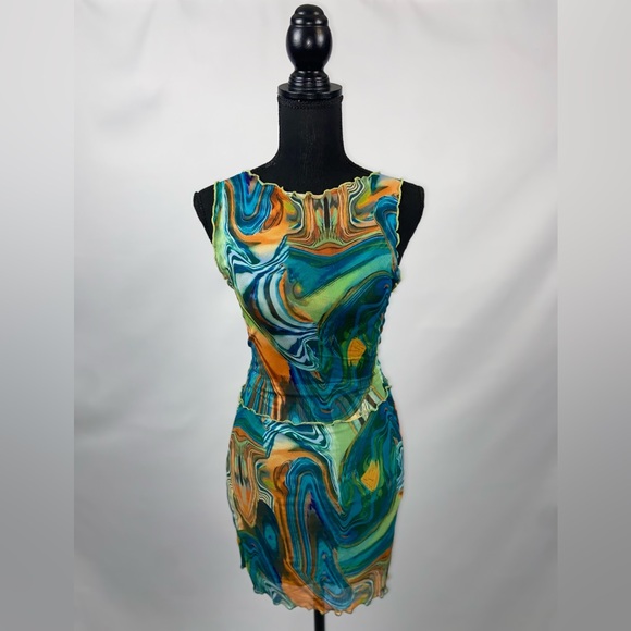 Matching Set Dress Multicolor Marble Print Mesh Dress Lettuce Trim SHEIN - Picture 4 of 11